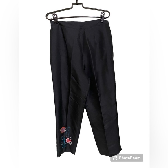 Black Raw 100% Silk Vintage Tropical Embroidered High Waist Capris Flat Front - Picture 3 of 9